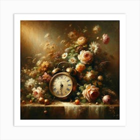 Clock And Flowers Art Print