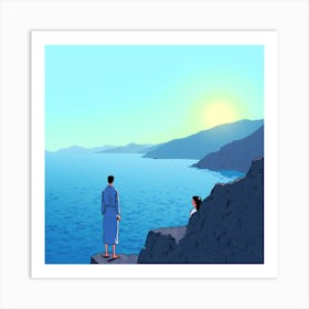 Man And Woman Looking At The Ocean Art Print