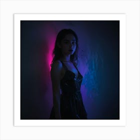 Neon Girl In Black Dress Art Print