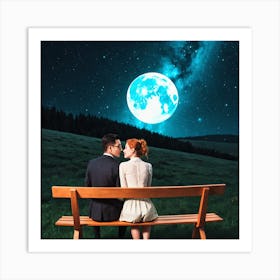 Couple Sitting On A Bench Under The Moon 7 Art Print