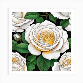 White Roses On Black Background 3 Art Print