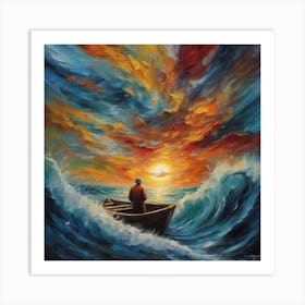 Man In A Boat At Sunset Art Print