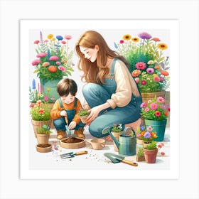 Mother And Child Gardening Art Print