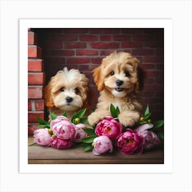 Two Puppies With Flowers Art Print