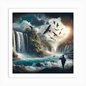 Waterfalls And Birds Art Print