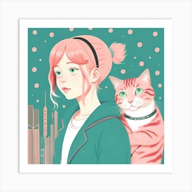 Girl With A Cat Art Print