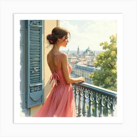 Charming French Woman On A Scenic Balcony, Watercolor With Romantic Tones 1 Art Print