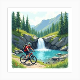 Mountain Bike By A Crystal Clear Waterfall Watercolor 1 Art Print