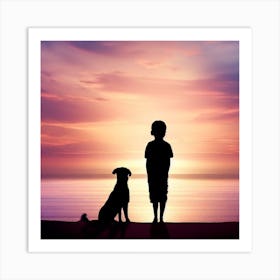 Silhouette Of A Boy And His Dog Art Print