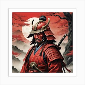 Lonely Japanese Red Samurai Warrior Art Print 1 Art Print