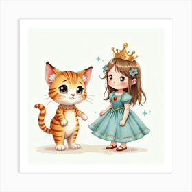 Watercolor Ragdoll Cat And A Girl Dressed In A Princess Costume Art Print