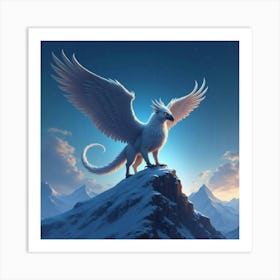 A Fierce Griffin Perched Atop A Snowy Mountain Peak Under Starlight 1 Art Print