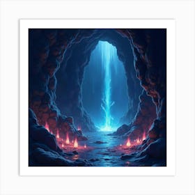 Mystical Cavern With Glowing Gemstones, Watercolor 1 Art Print