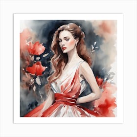 Watercolor Of A Woman In Red Dress Art Print