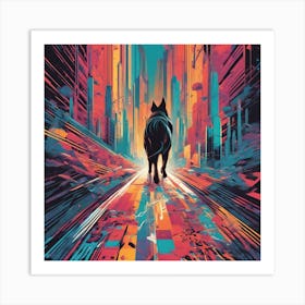Dog Is Walking Down A Long Path, In The Style Of Bold And Colorful Graphic Design, David , Rainbowco (2) Art Print