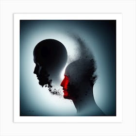 Lost Memories Man Heads in a Ying And Yang Style Abstract Illustration With A Red Contrast Color Art Print