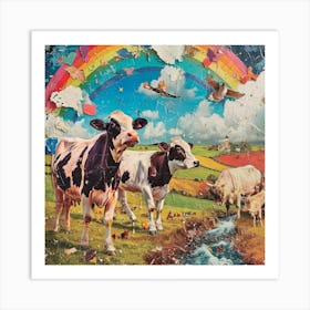 Retro Rainbow Cow Collage 3 Art Print