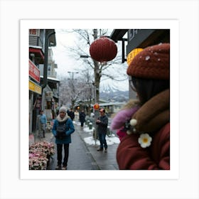 Woman Walks Down A Snowy Street 1 Art Print