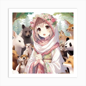 Anime Girl With Animals Art Print