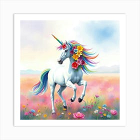 A Unicorn With Rainbow Colored Flowers In Its Mane, Galloping In A Vibrant Watercolor Field Art Print