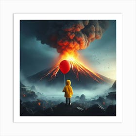 It'S A Beautiful Day a boy wearing a yellow rain coat holding a red ballon, standing in front of a smokey volcano, digital art.. 1 Art Print