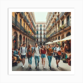 Group Of Young People In Barcelona Art Print