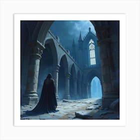 Dark Paladin Standing In A Ruined Cathedral At Night, Watercolor Scene 1 Art Print