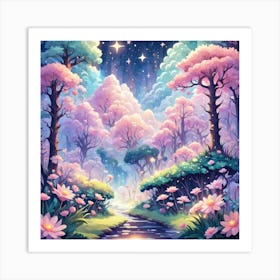 A Fantasy Forest With Twinkling Stars In Pastel Tone Square Composition 136 Art Print