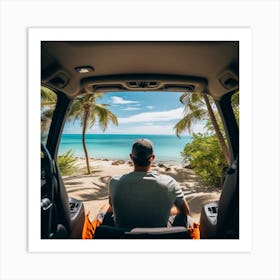 Man Sitting In Car On Beach Art Print