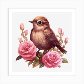 Bird On Roses 3 Art Print