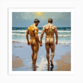 Two Gay Love Nude Men On The Beach, nice butts Art Print