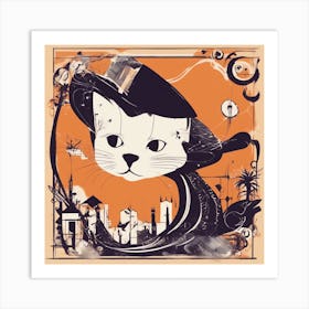A Silhouette Of A Cat Wearing A Black Hat And Laying On Her Back On A Orange Screen, In The Style Of (1) Art Print