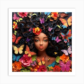 Black Girl With Flowers And Butterflies 6 Art Print