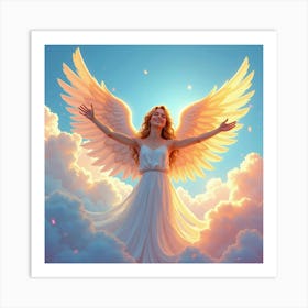 Angel With Shimmering Wings, Vibrant Watercolor Clouds 1 Art Print