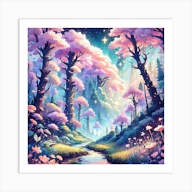 A Fantasy Forest With Twinkling Stars In Pastel Tone Square Composition 193 Art Print