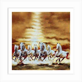 White Horses Running At Sunset Art Print