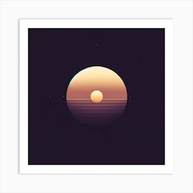 Title: "Ethereal Orb: Dusk's Gentle Closure"  Description: "Ethereal Orb" presents a minimalist celestial scene, where a smaller sphere hovers delicately over the horizon of a larger, setting sun. The artwork offers a gradient of warm tones that encapsulate the fleeting moments of twilight. Surrounded by the stillness of a darkening sky, the composition's simplicity speaks to the quiet end of the day. This piece captures the introspective mood as night approaches, making it a perfect addition to spaces that value calm, reflective aesthetics, and the subtle beauty of nightfall. Art Print