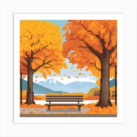 Outdoors Autumn Park Bench With Orange Art Print