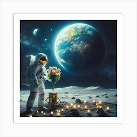 Astronaut On The Moon With Flowers 1 Art Print