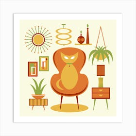 Midcentury Cat with Furniture Illustrated Art Print