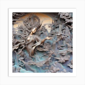 A colourful An image of the artistic interpretation of the statue of Chinese princess zhao liyi in the dynamic pose, adding a touch of fantasy or whimsy 3 Art Print