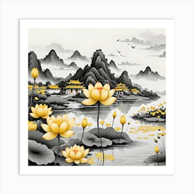 Chinese Landscape With Yellow Lotus Flowers Art Print