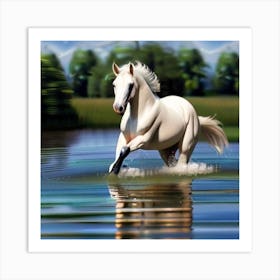 White Horse Running In Water 8 Art Print