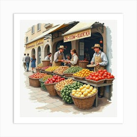 English Market Scene With Romanian Traditional Foods, Painted In Watercolor 1 Art Print