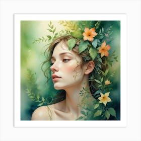 Girl With Flowers On Her Head Art Print