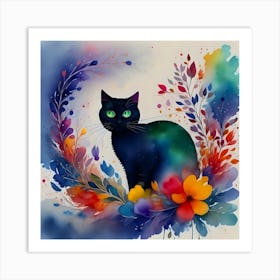 Black Cat With Flowers Art Print