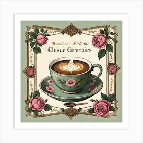 A Vintage Collage With A Clock, Book, And Tea Cup Set On A Coffee Corner Wallpaper Backdrop Art Print