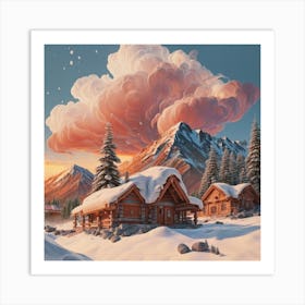 Mountain village snow wooden huts 13 Art Print