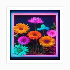 Neon Flowers In A Frame 1 Art Print