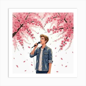 Watercolor Of Justin Bieber Singing Under Cherry Blossoms In Full Bloom Art Print